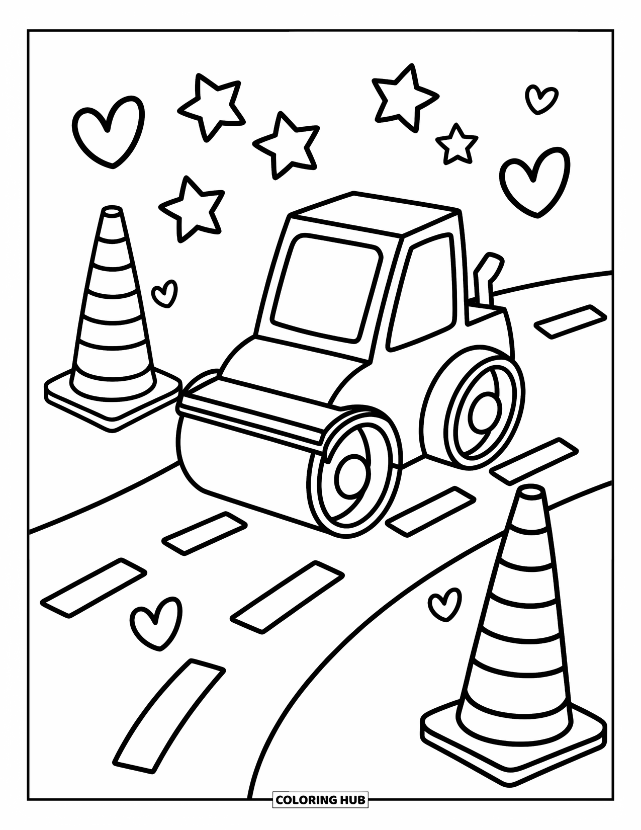 Construction Coloring Page for Adults: A tiny road roller flattens a wavy road with floating stars and playful traffic cones