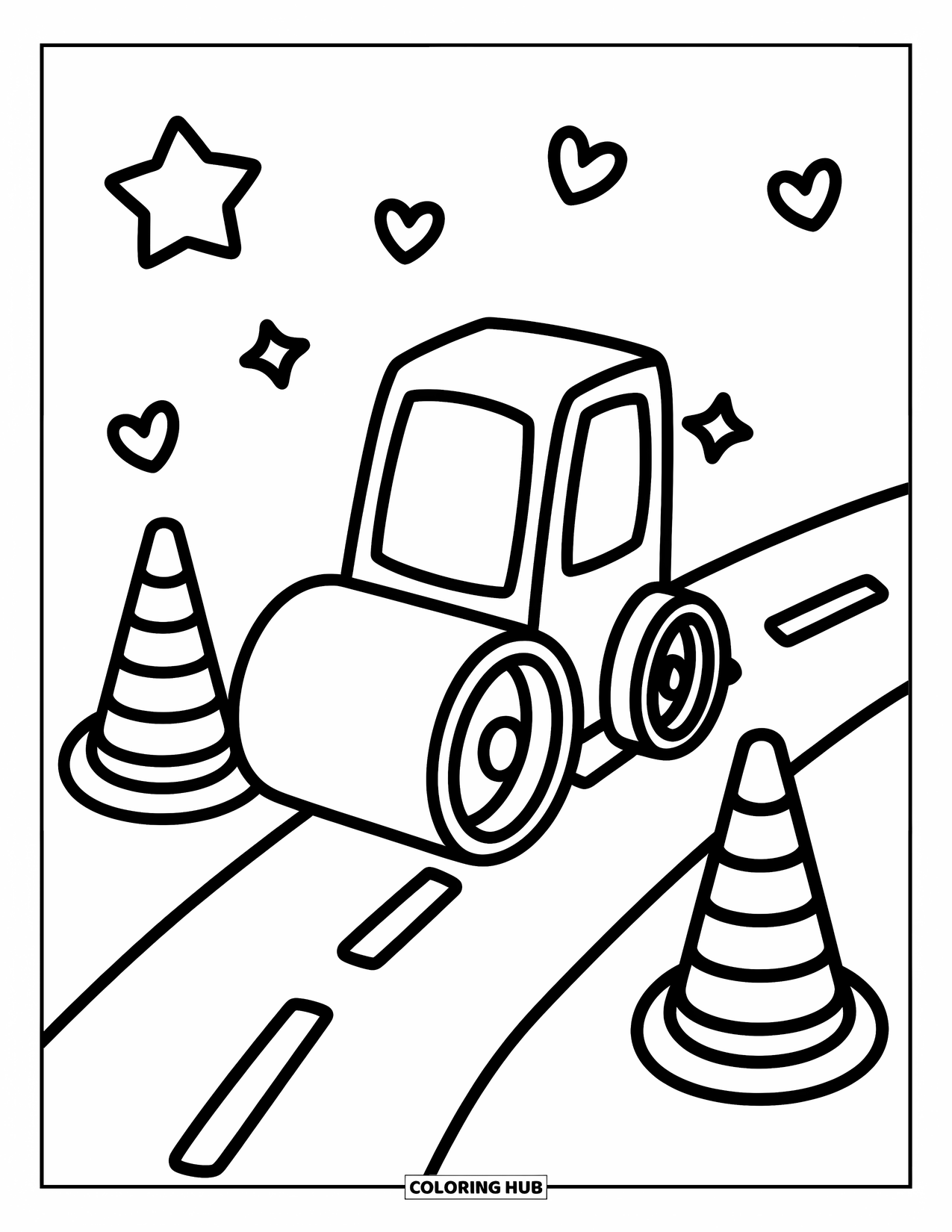 Construction Coloring Page for Adults: A tiny road roller rolls over a wavy road with hearts, stars, and playful cones