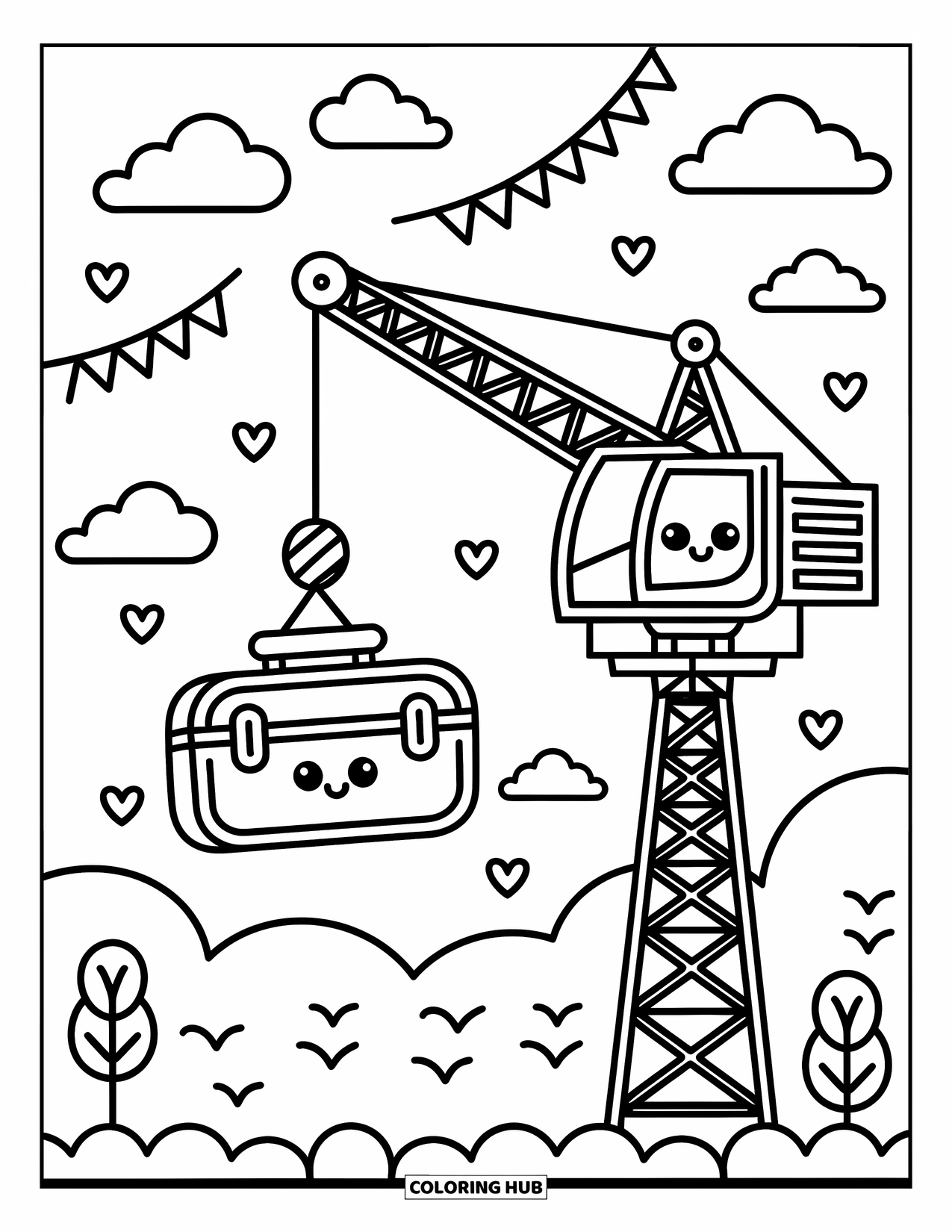 Construction Coloring Page for Adults: A tower crane with a happy face lifts a toolbox with clouds and heart flags above