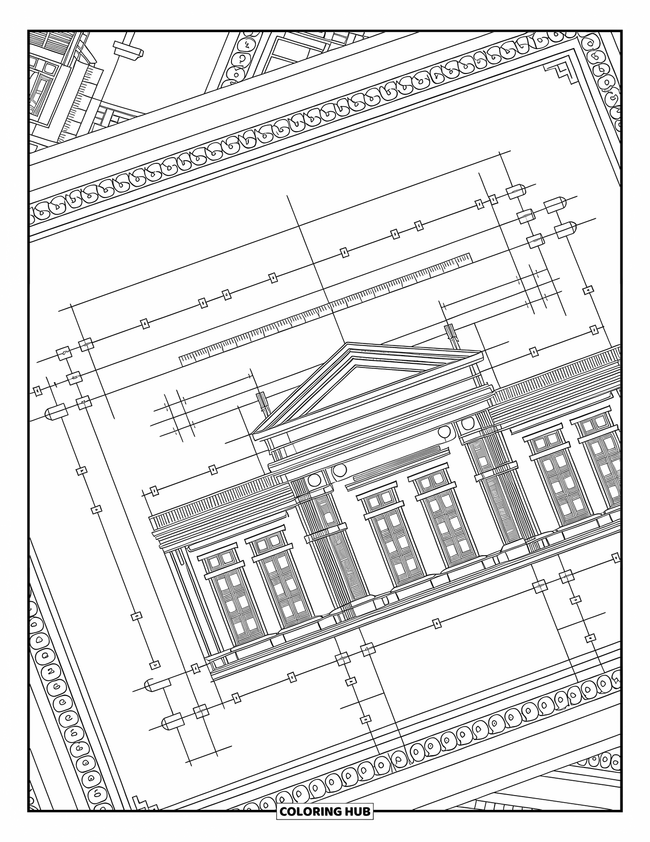 Construction Coloring Page for Adults: An ornate blueprint with drafting tools and intricate swirling borders around