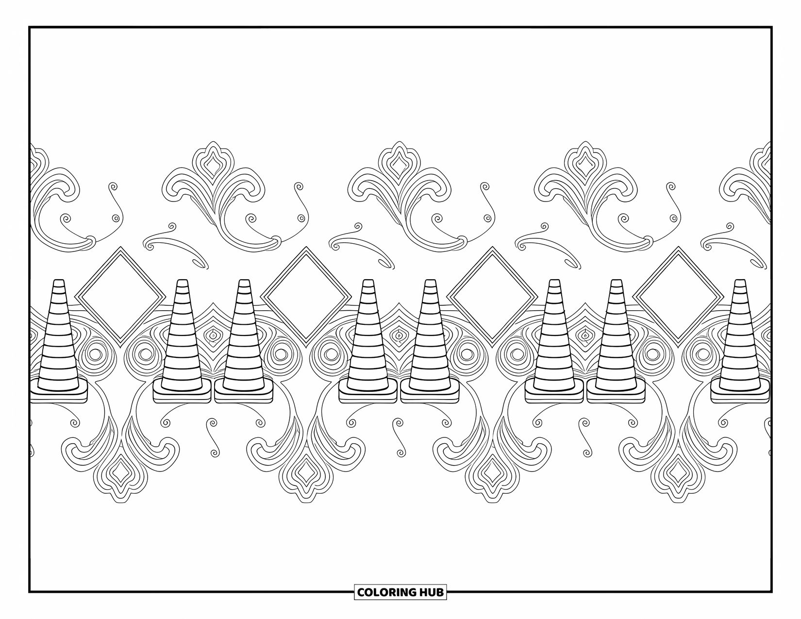 Construction Coloring Page for Adults: Cones, barrels, and signs arranged neatly with intricate swirls and patterns in between