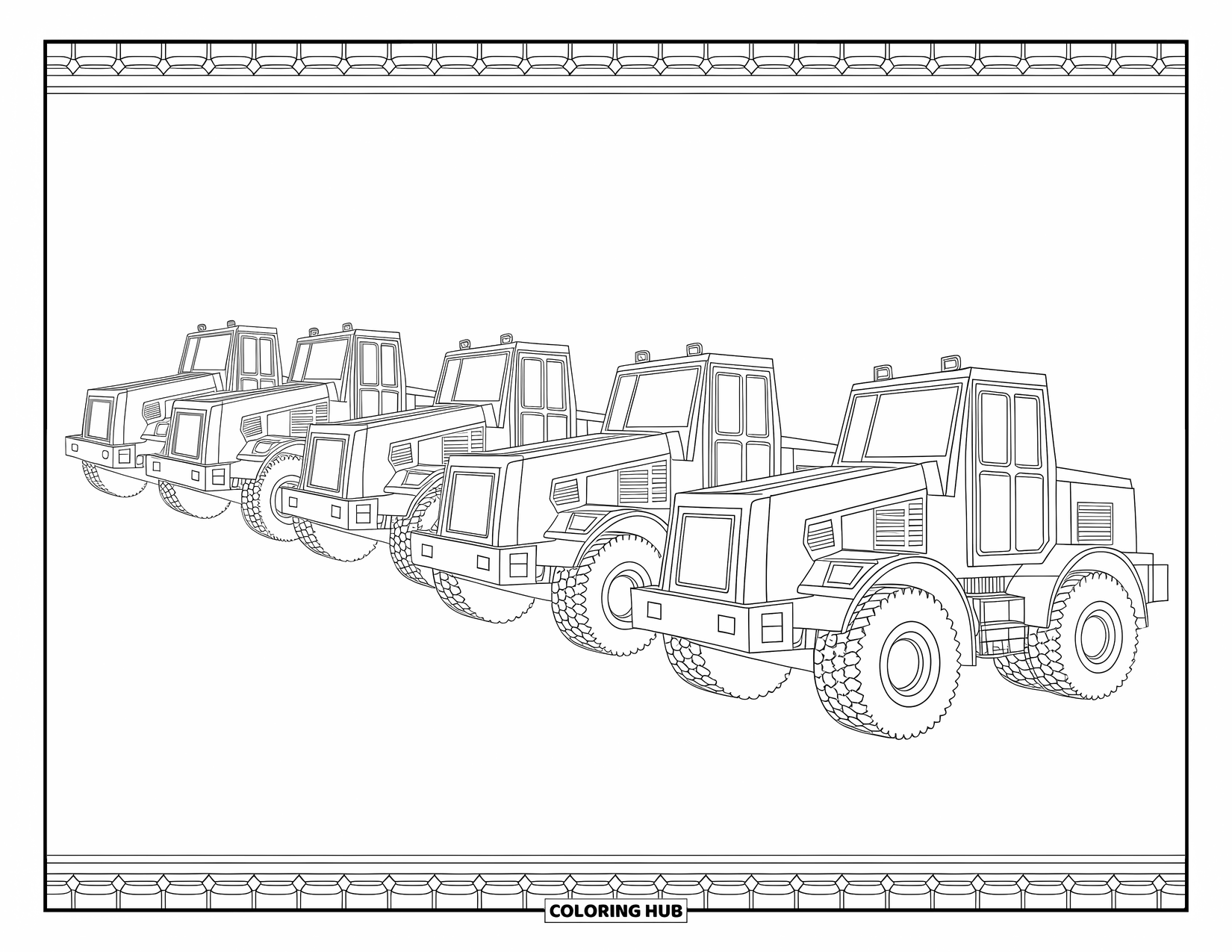 Construction Coloring Page for Adults: Different construction vehicles in a row with fine details and swirling decorative designs