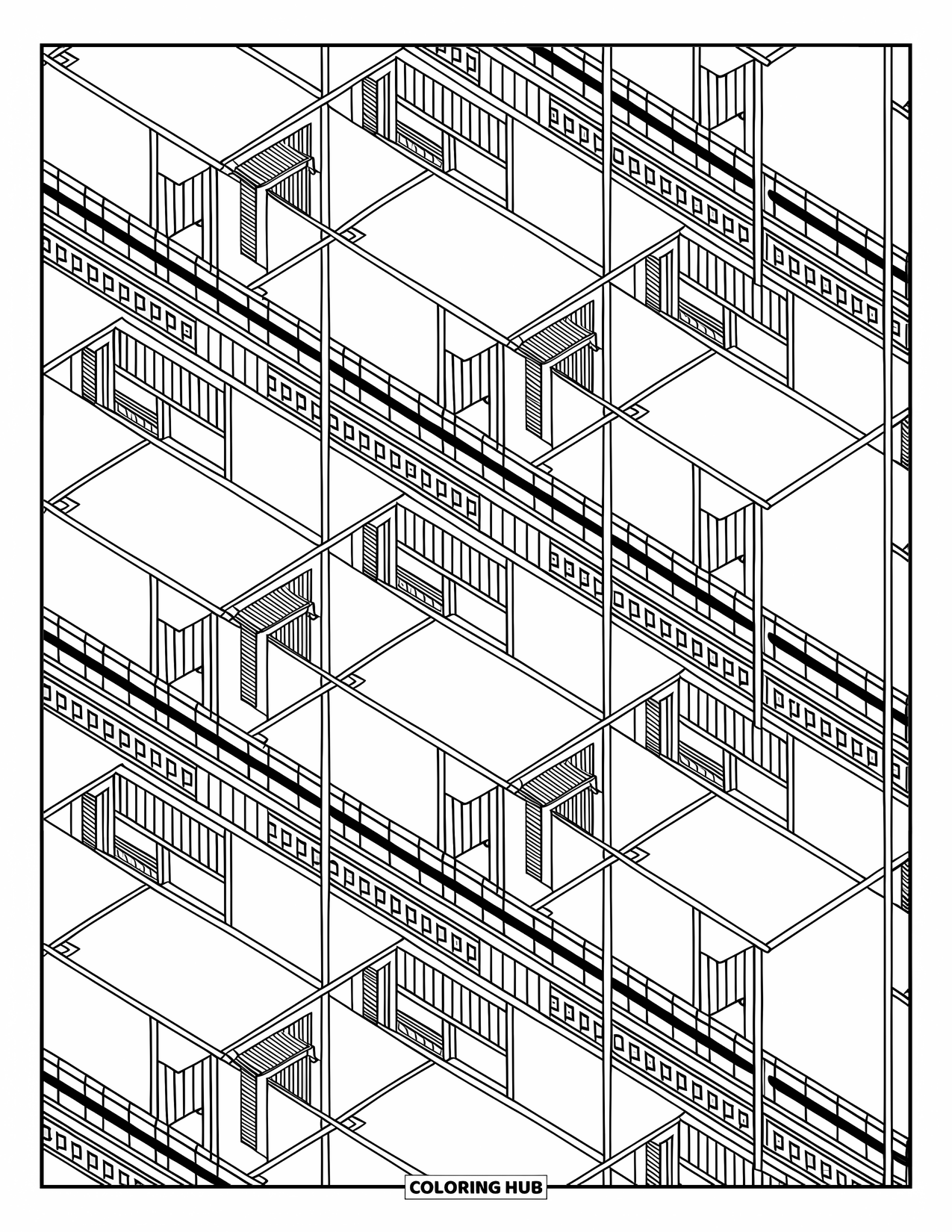 Construction Coloring Page for Adults: Overlapping scaffolding structures filled with geometric patterns and intricate background designs