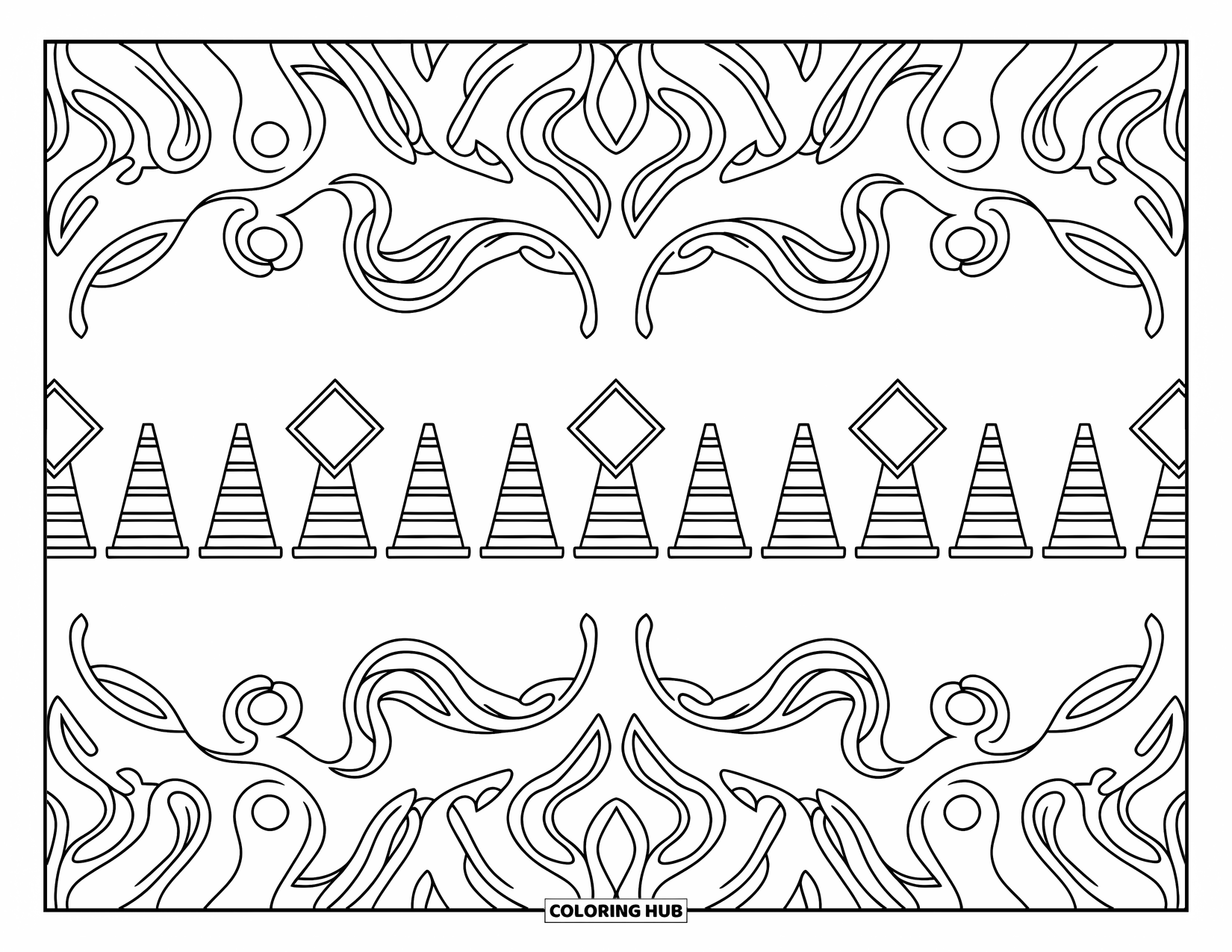 Construction Coloring Page for Adults: Symmetrical cones, barrels, and signs surrounded by delicate swirls and artistic patterns