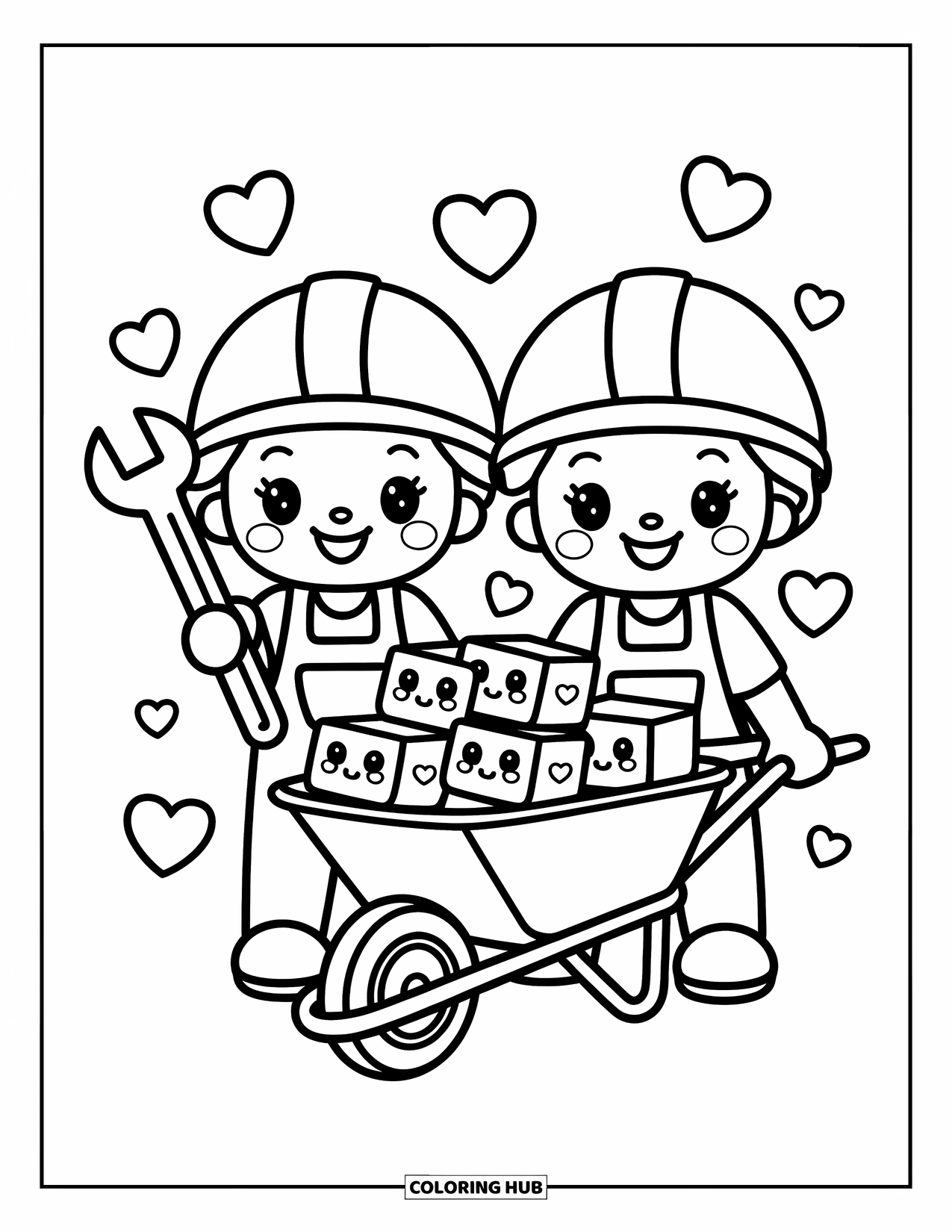 Construction Coloring Page for Adults: Two cute construction workers stand with a smiling wheelbarrow full of cheerful bricks