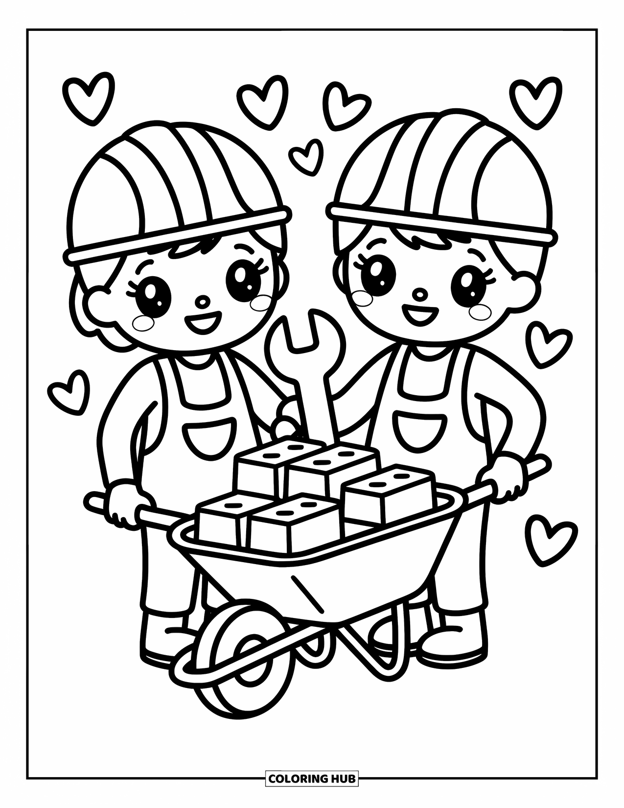 Construction Coloring Page for Adults: Two kawaii workers with a wrench stand by a wheelbarrow filled with chubby bricks