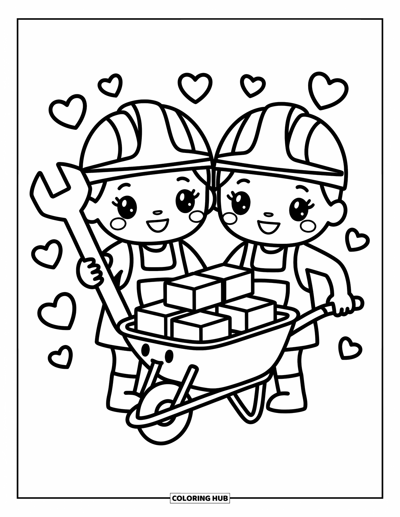 Construction Coloring Page for Adults: Two playful workers hold a big wrench next to a smiling wheelbarrow and hearts