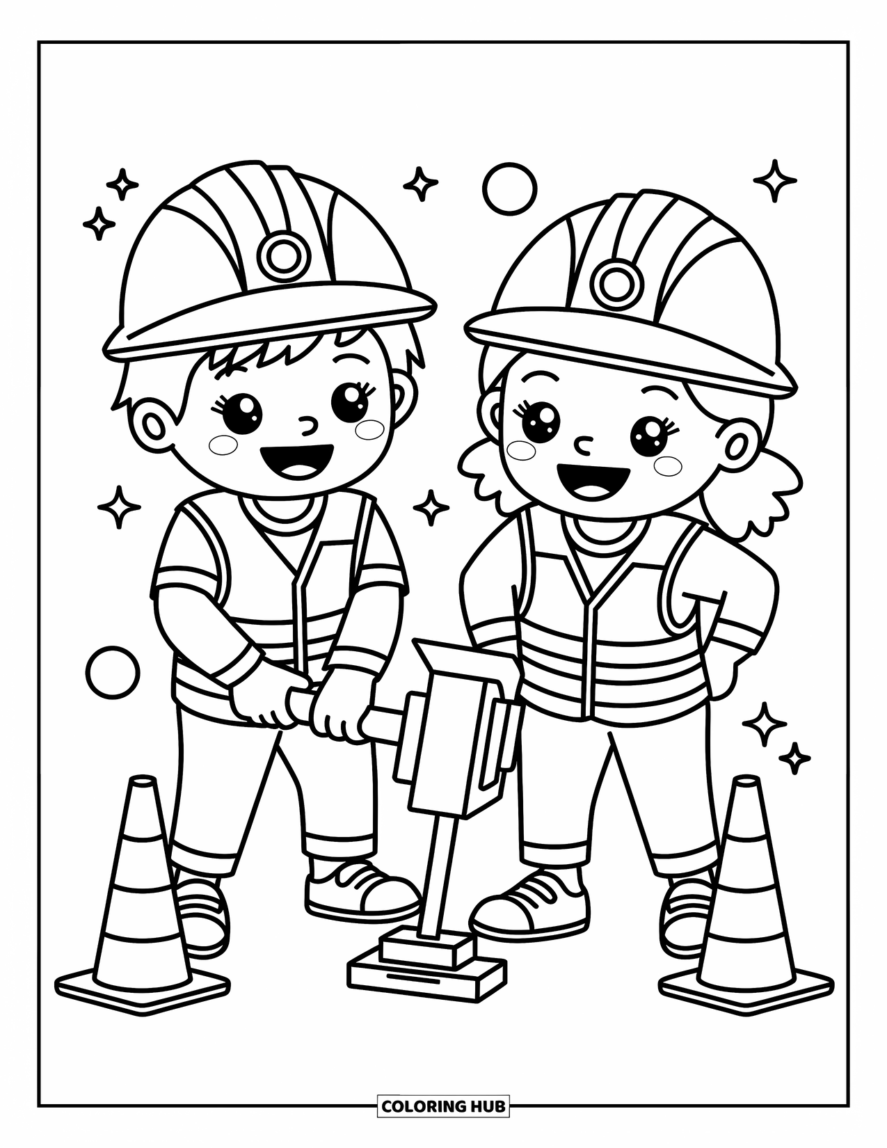 Construction Coloring Page for Kids: A boy and girl in safety vests use a jackhammer with smiling faces