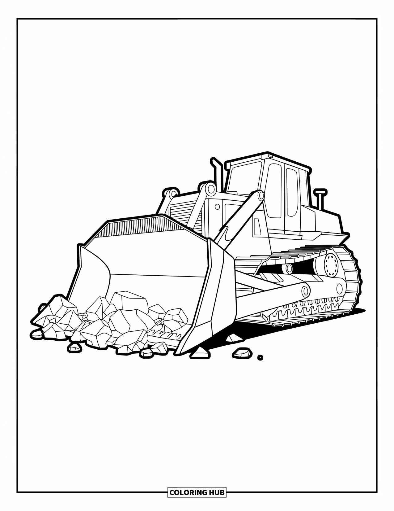 Construction Coloring Page for Kids: A bulldozer clears rocky debris with steady movement and clean lines