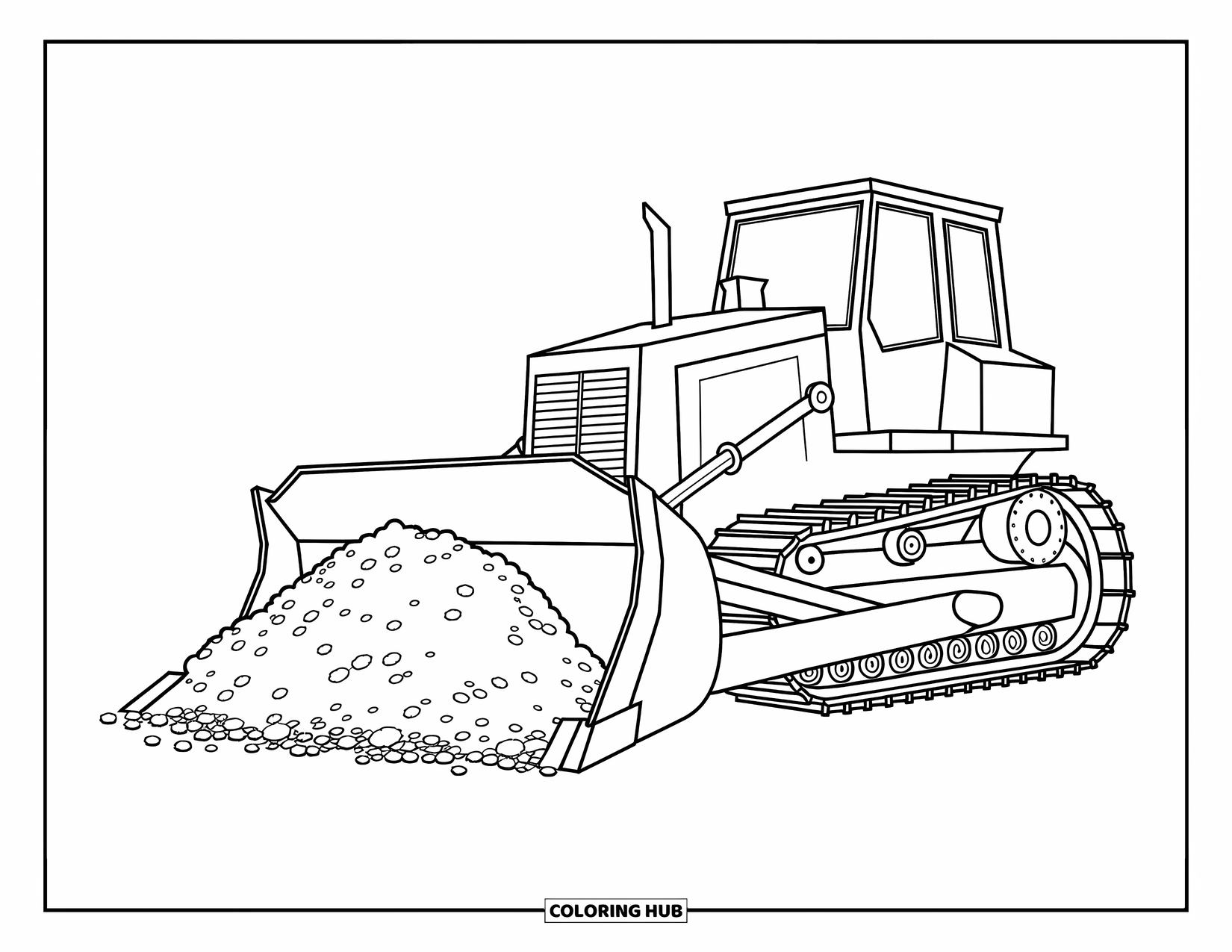 Construction Coloring Page for Kids: A bulldozer moves dirt with playful, bold lines