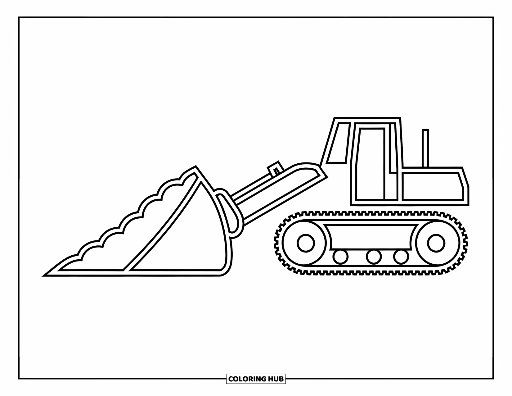 Construction Coloring Page for Kids: A bulldozer pushes a pile of dirt with a sturdy frame and cheerful design