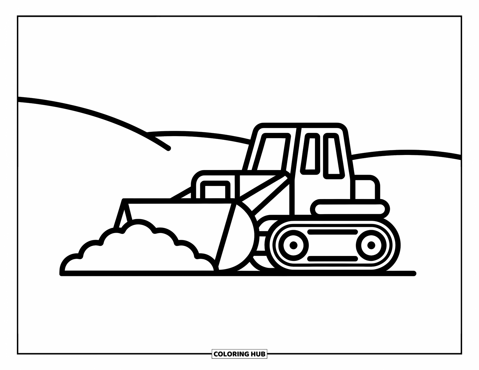 Construction Coloring Page for Kids: A bulldozer pushes dirt forward with clear lines and rolling hills behind