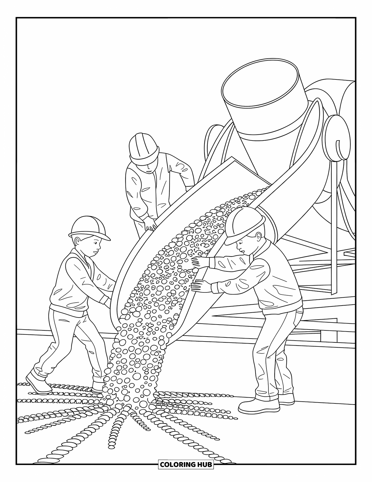 Construction Coloring Page for Kids: A cement machine pours while workers carefully control the flow
