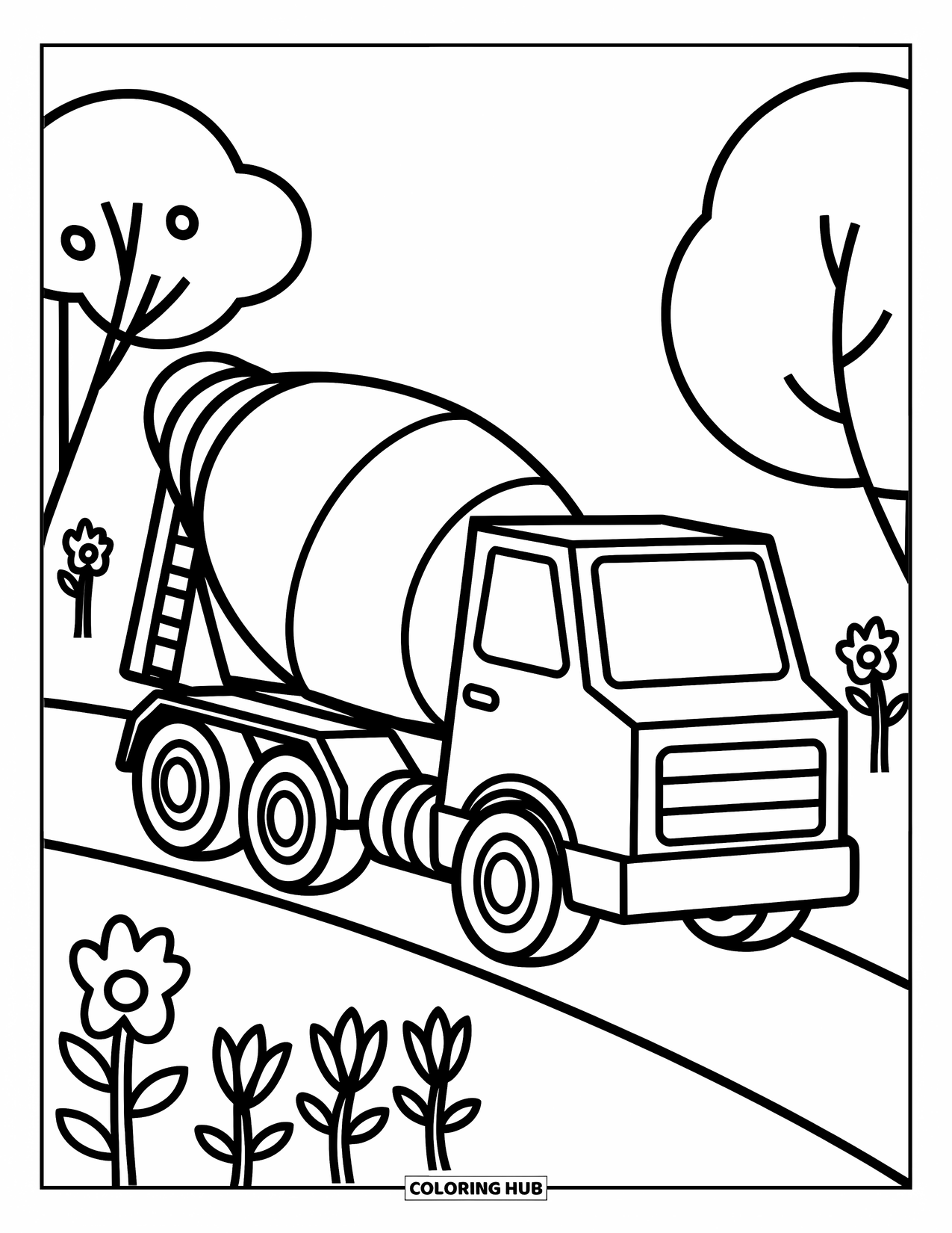 Construction Coloring Page for Kids: A cement mixer stands near playful swings and slides