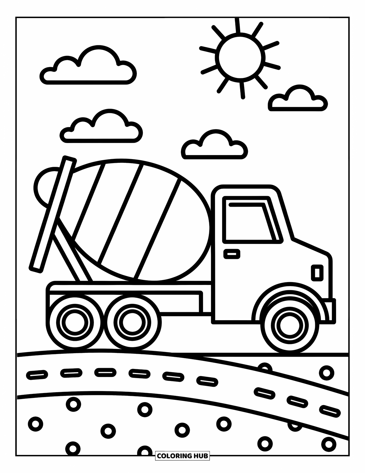 Construction Coloring Page for Kids: A cement mixer truck parked on a playful road