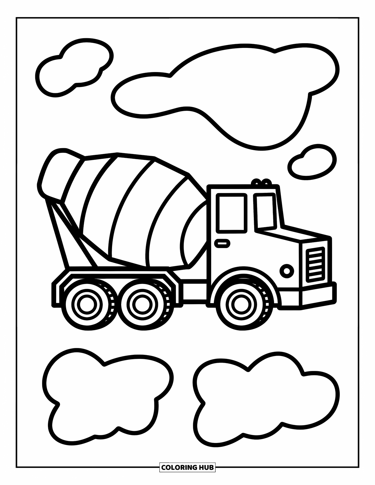 Construction Coloring Page for Kids: A cement mixer truck with a large drum and big tires
