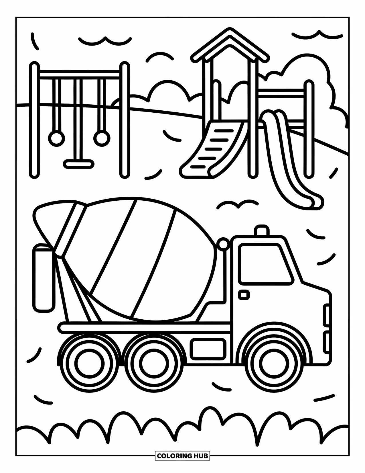Construction Coloring Page for Kids: A cement mixer truck with big, chunky tires
