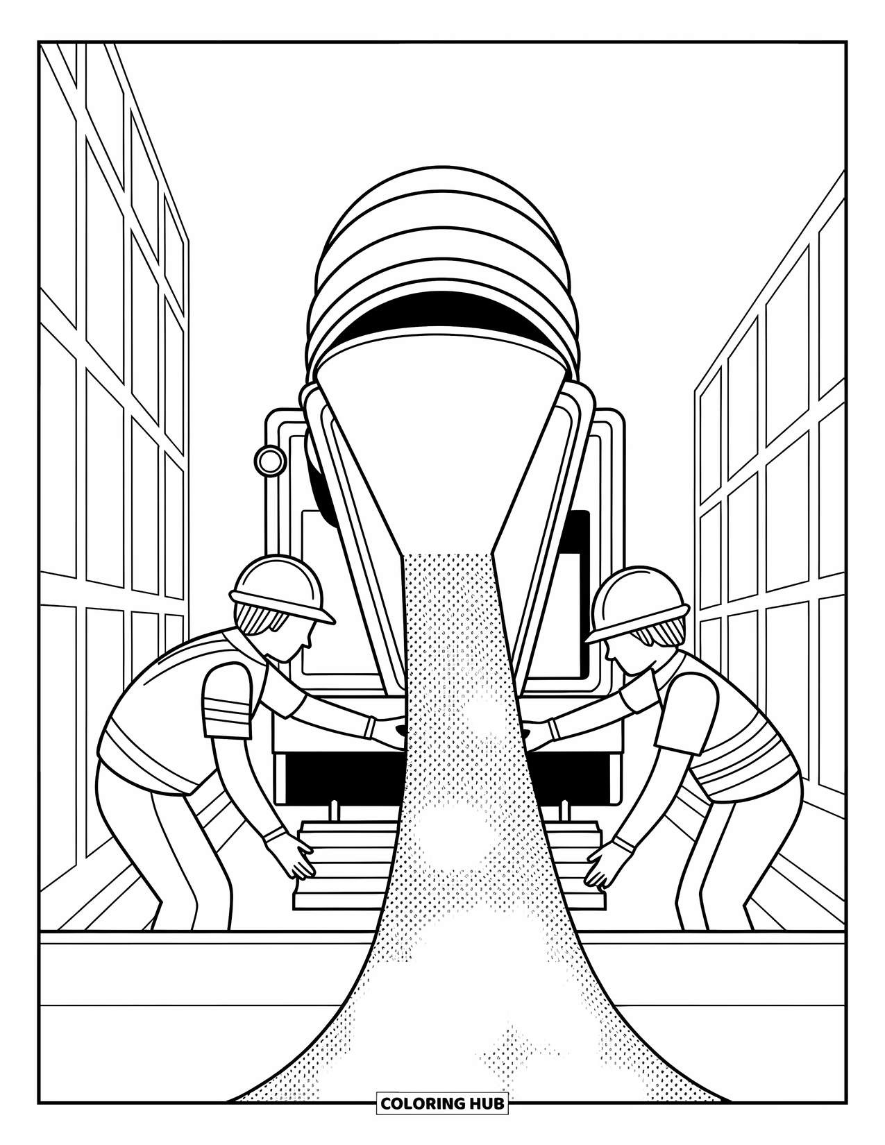 Construction Coloring Page for Kids: A cement pouring machine releases concrete as workers guide the flow