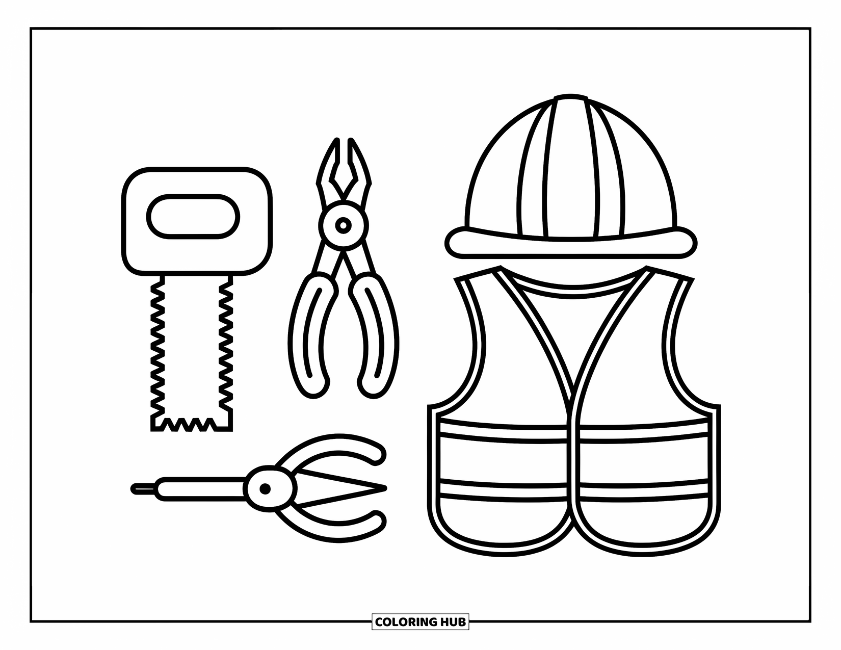 Construction Coloring Page for Kids: A cheerful set of tools with a helmet placed on a safety vest