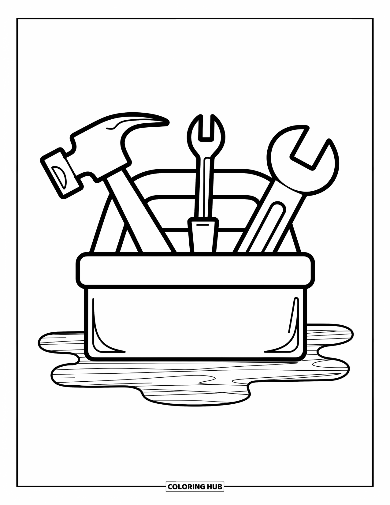 Construction Coloring Page for Kids: A cheerful toolbox holds a hammer, wrench, and screwdriver on a fun surface