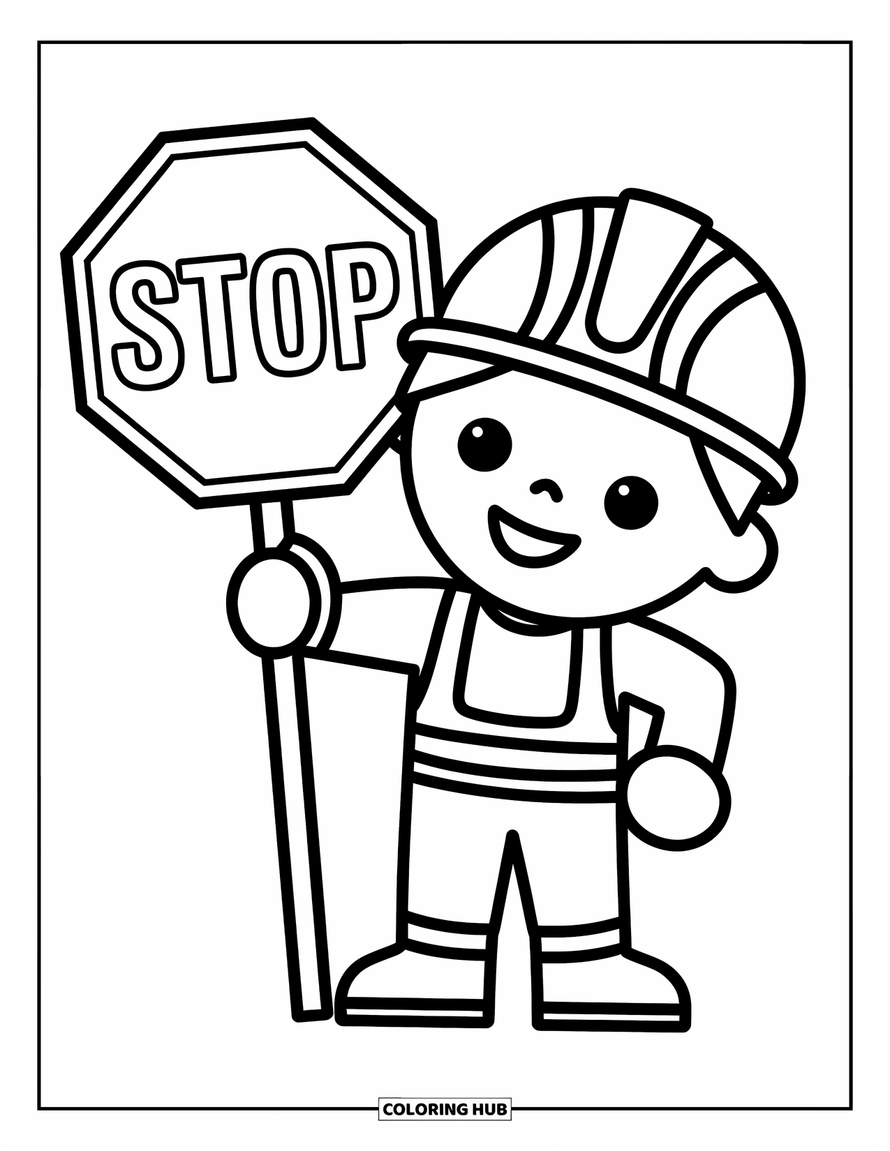 Construction Coloring Page for Kids: A cheerful worker with a stop sign stands ready with a big smile