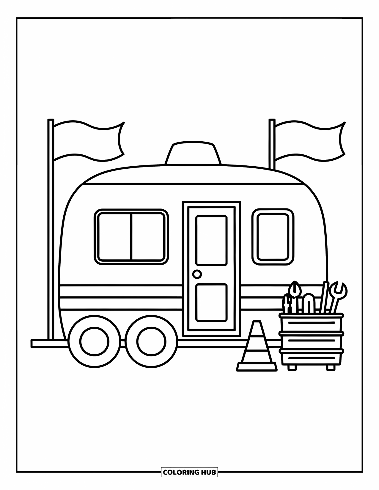 Construction Coloring Page for Kids: A construction trailer with open doors and flags invites play with tools stacked nearby