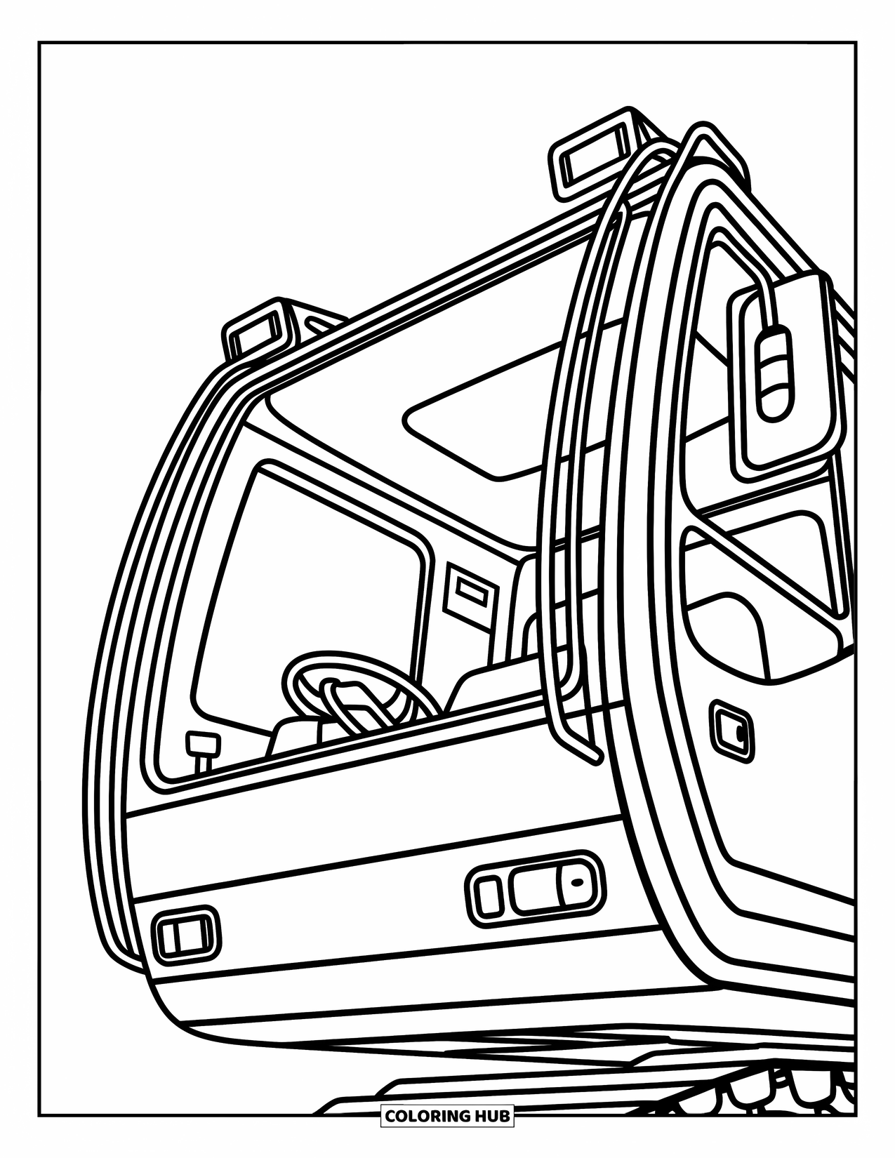 Construction Coloring Page for Kids: A crane cabin shows levers, controls, and smooth curved details