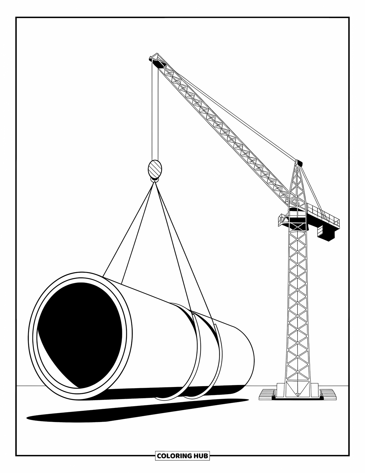 Construction Coloring Page for Kids: A crane gently lowers a giant pipe with gears and pulleys nearby