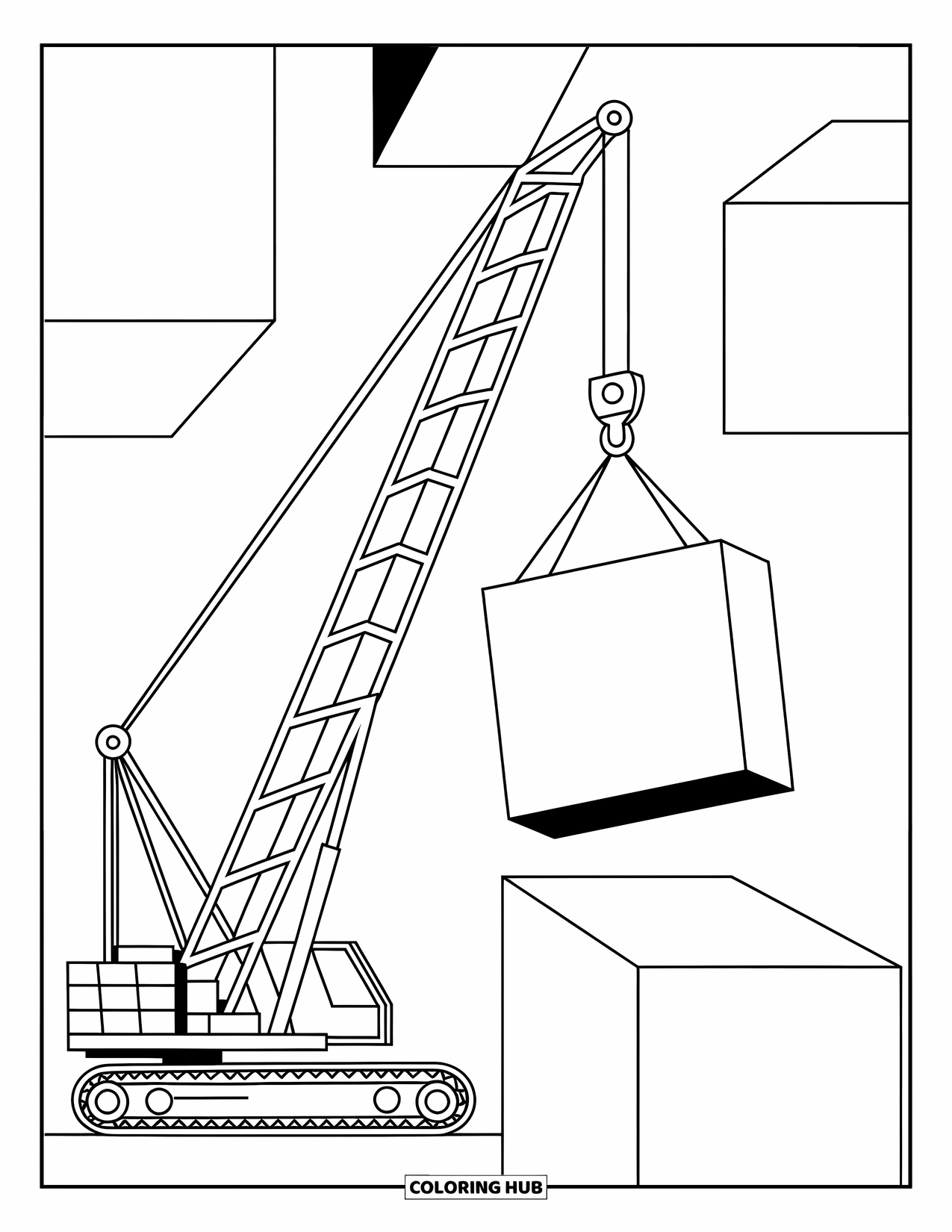 Construction Coloring Page for Kids: A crane holds a block high with simple, playful lines