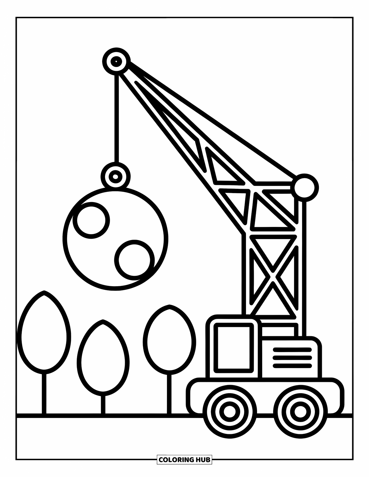 Construction Coloring Page for Kids: A crane holds a swinging wrecking ball with trees and a sunny sky behind