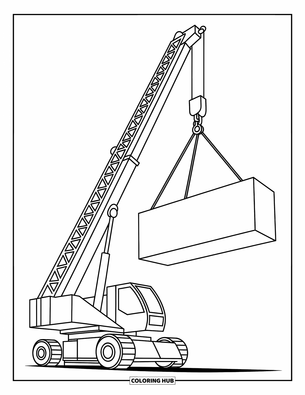 Construction Coloring Page for Kids: A crane lifts a block with a long arm and base