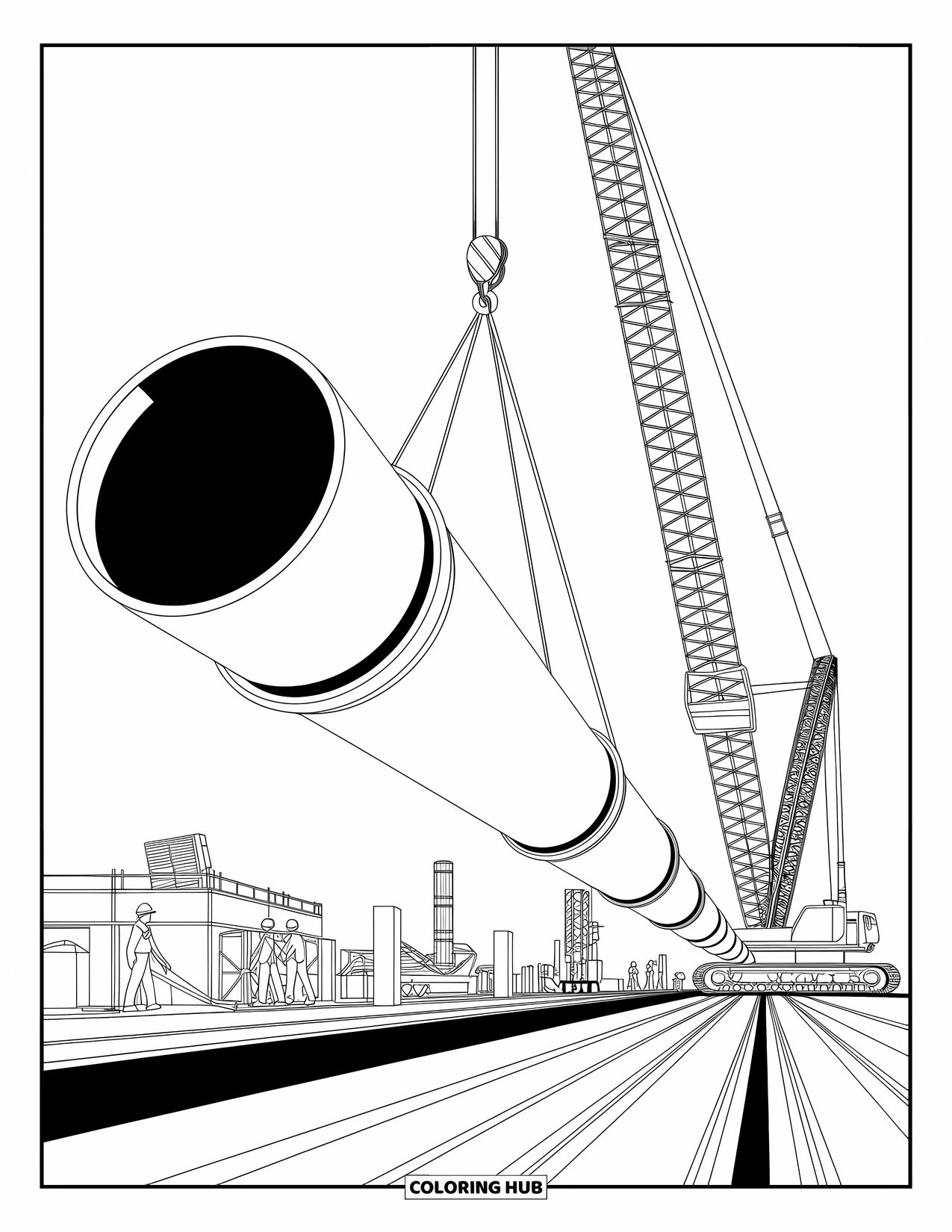 Construction Coloring Page for Kids: A crane lowers a large pipe as workers and machines bustle in the background