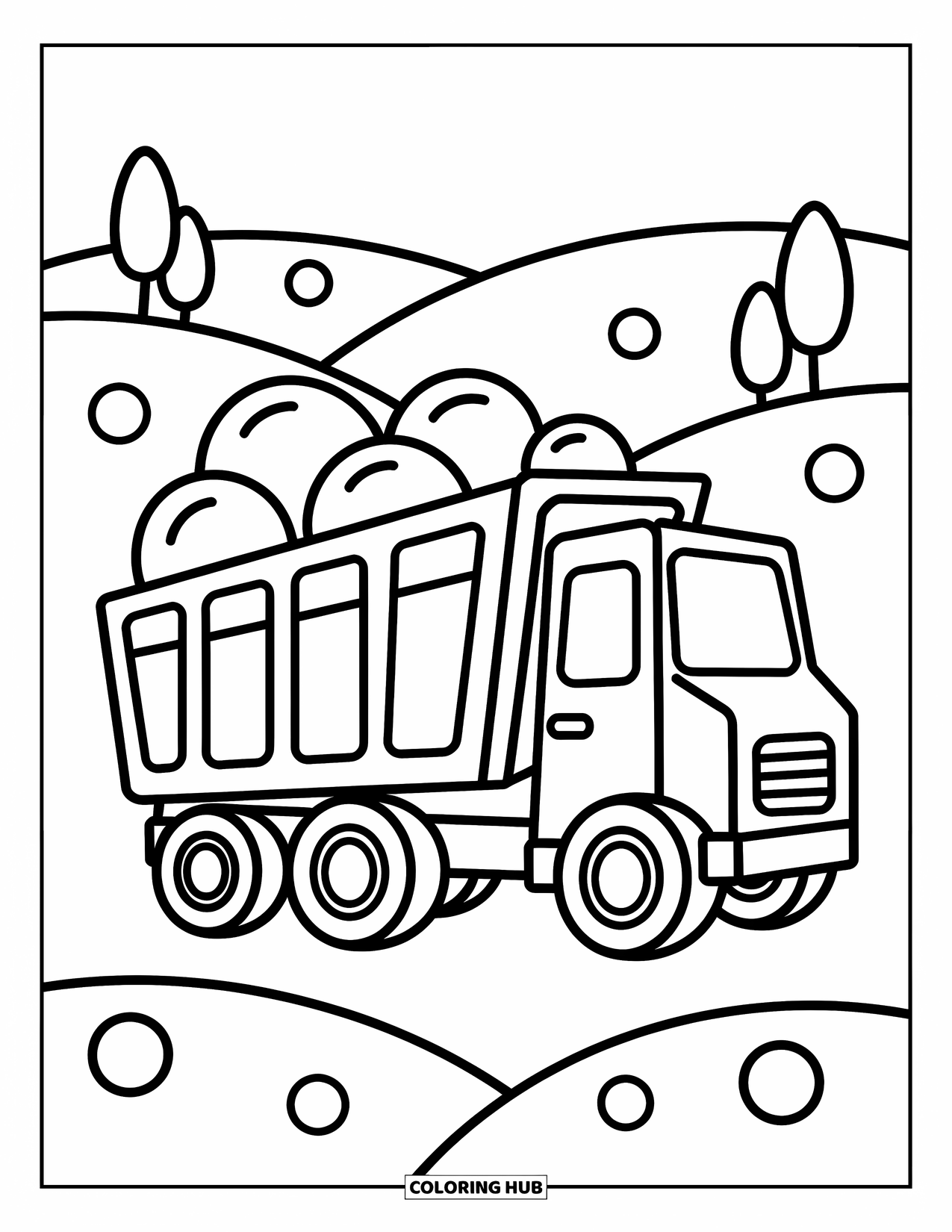 Construction Coloring Page for Kids: A dump truck carries rocks near soft hills and trees