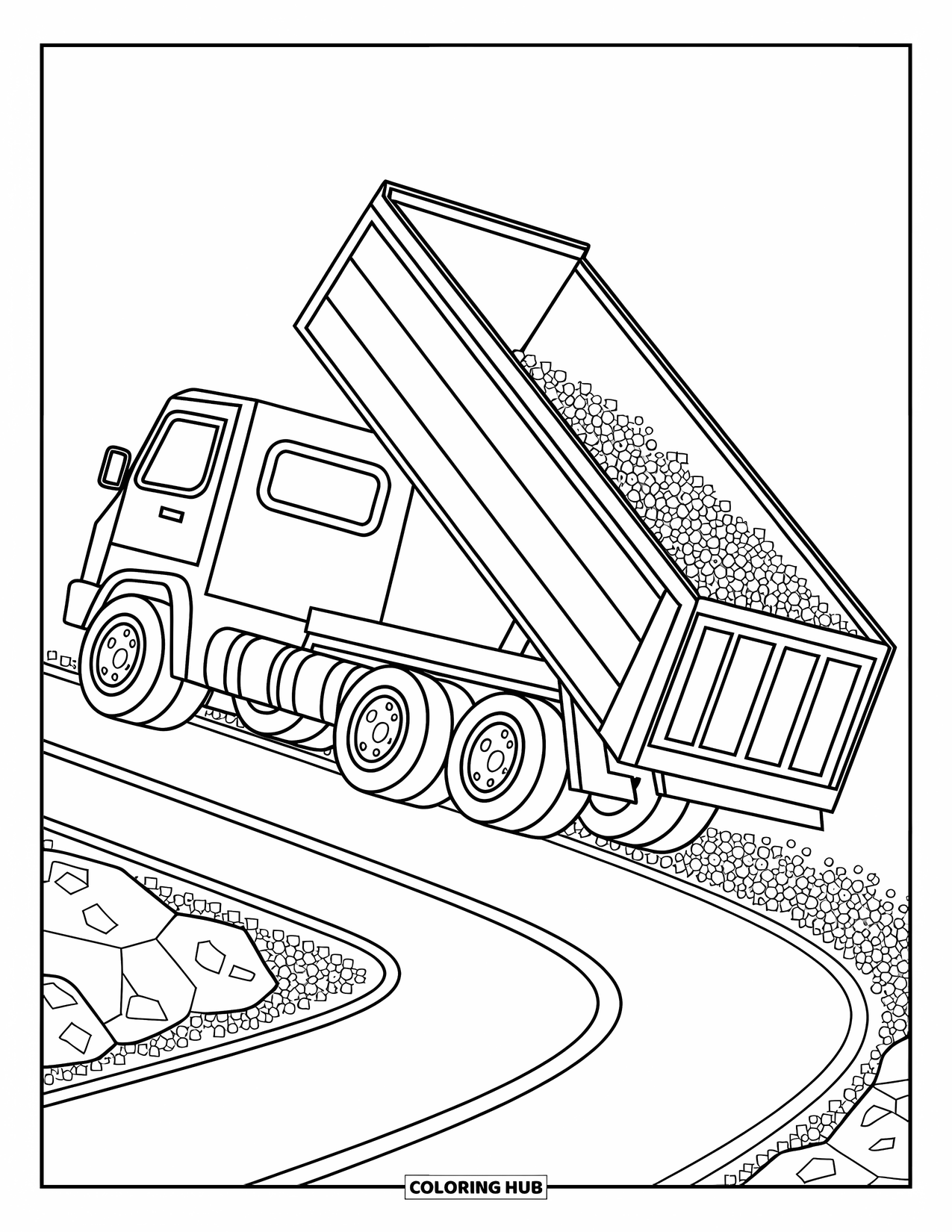 Construction Coloring Page for Kids: A dump truck raises its bed to dump gravel onto a curved road