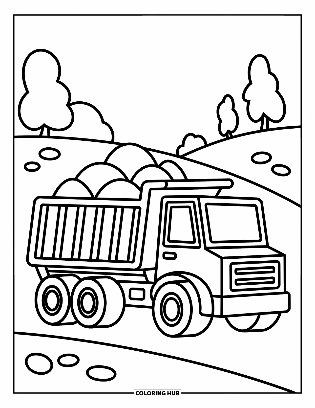 Construction Coloring Page for Kids: A dump truck stands with rocks and playful rolling hills