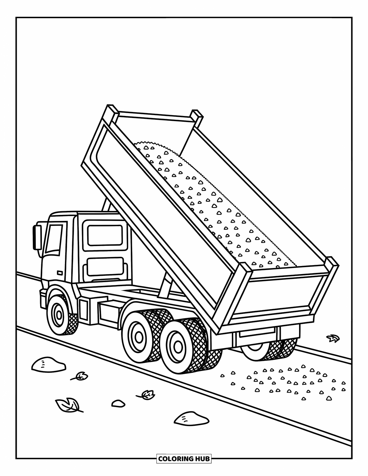 Construction Coloring Page for Kids: A dump truck unloads gravel onto a road with small rocks scattered around