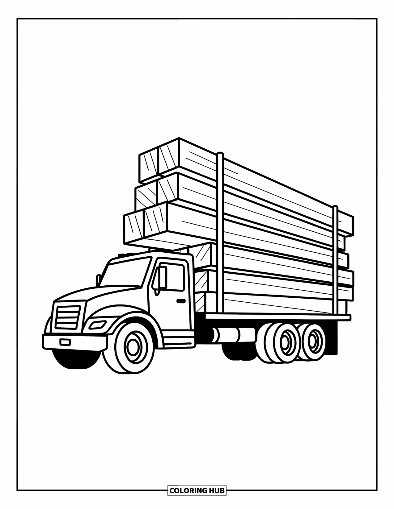 Construction Coloring Page for Kids: A flatbed truck carries giant wooden planks with wheels slightly turned