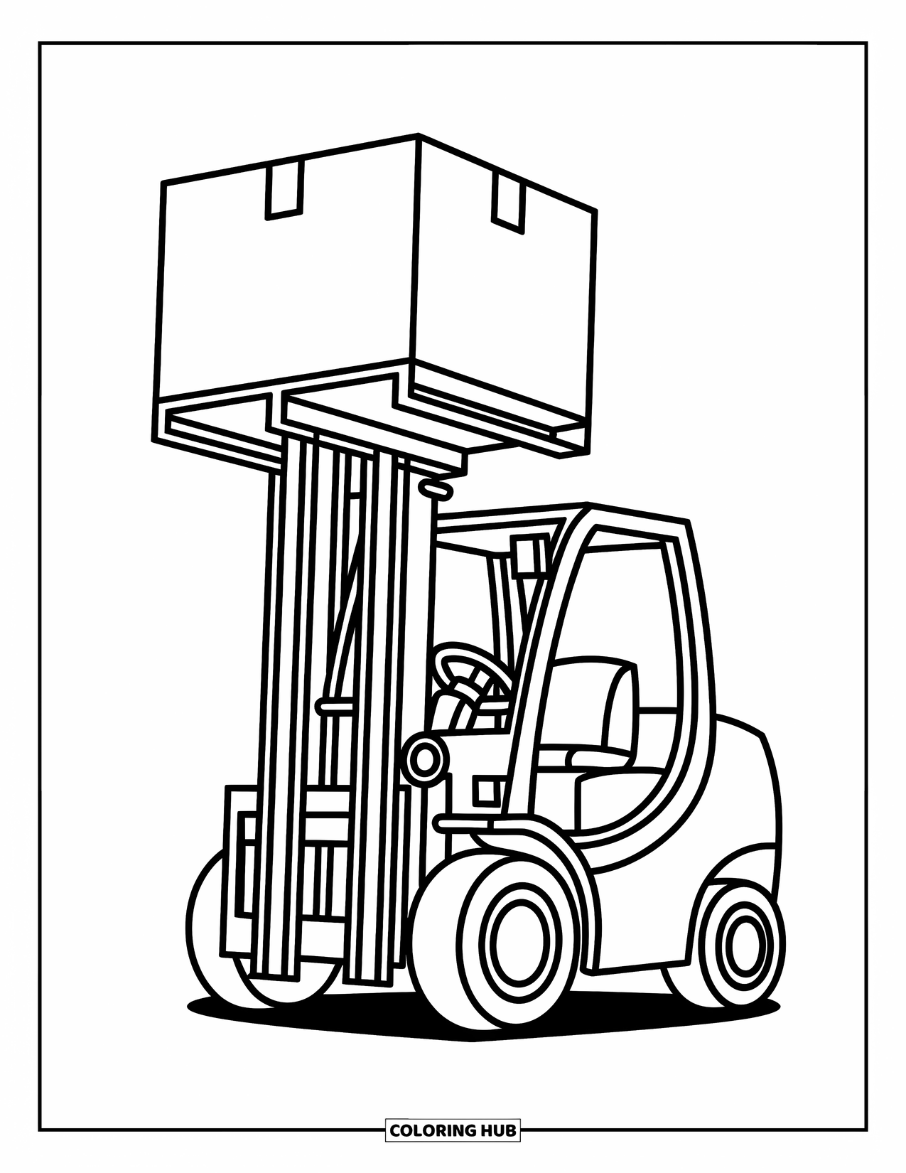 Construction Coloring Page for Kids: A forklift lifts a box high with big, easy shapes for coloring