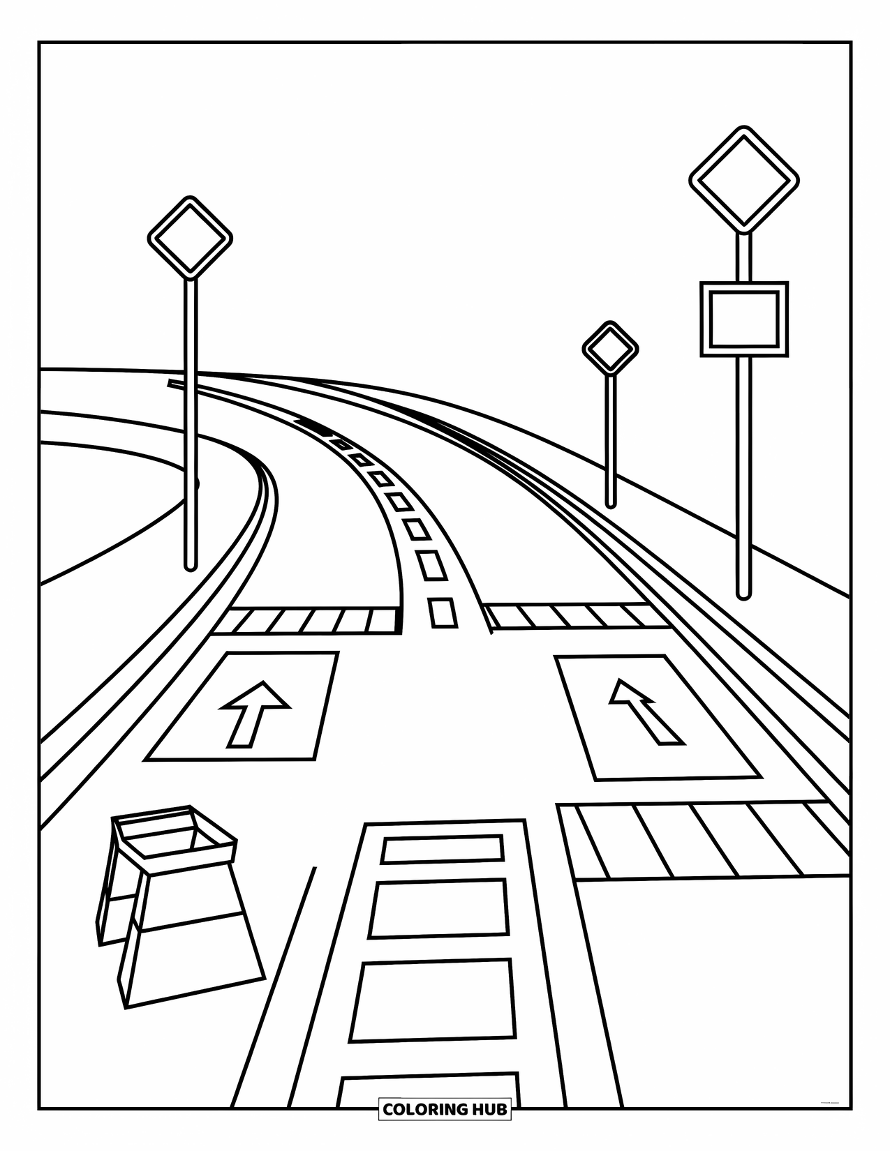 Construction Coloring Page for Kids: A fresh road is painted with new lane markings, signs, and smooth curbs all around