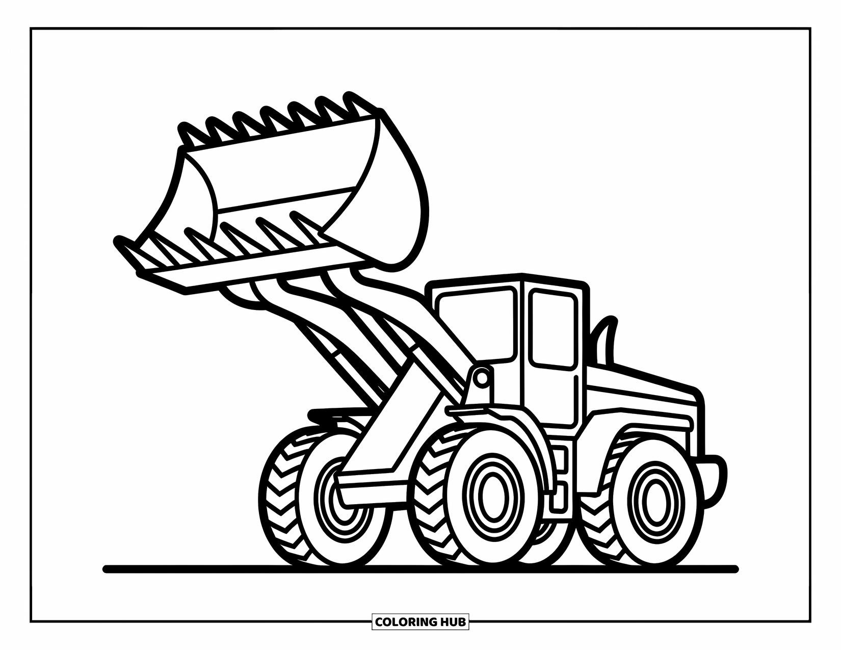 Construction Coloring Page for Kids: A front loader lifts its bucket high with big wheels and a cheerful look