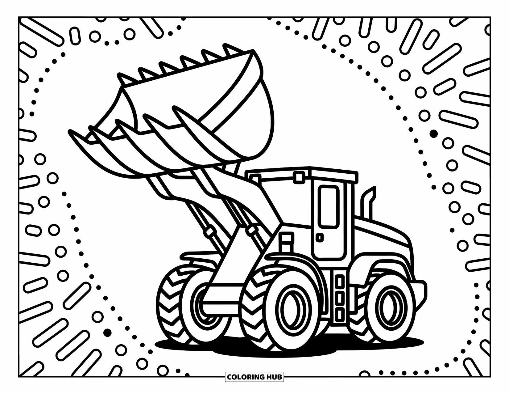 Construction Coloring Page for Kids: A front loader lifts its bucket high with playful shapes in the background