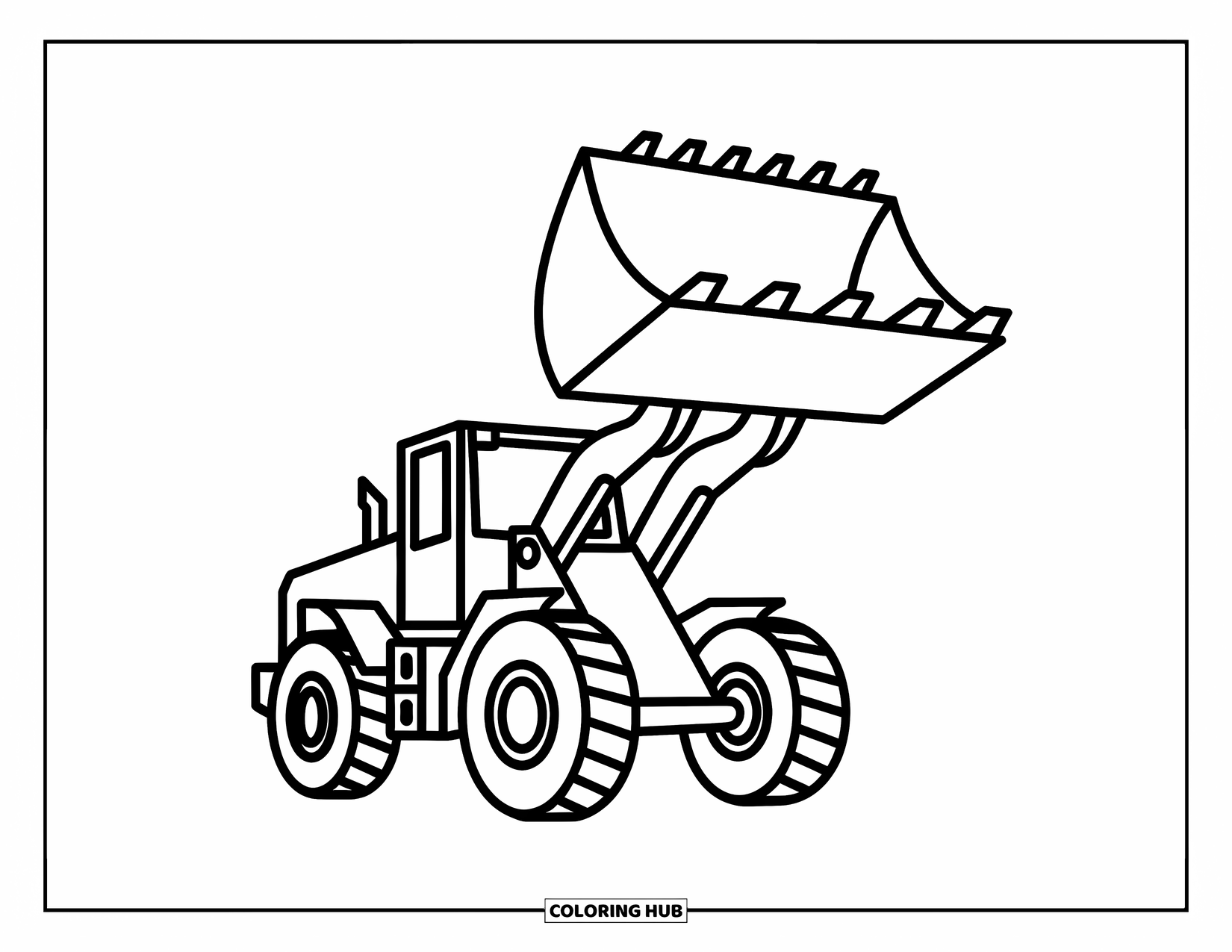 Construction Coloring Page for Kids: A front loader raises its large bucket high with big wheels and a playful look