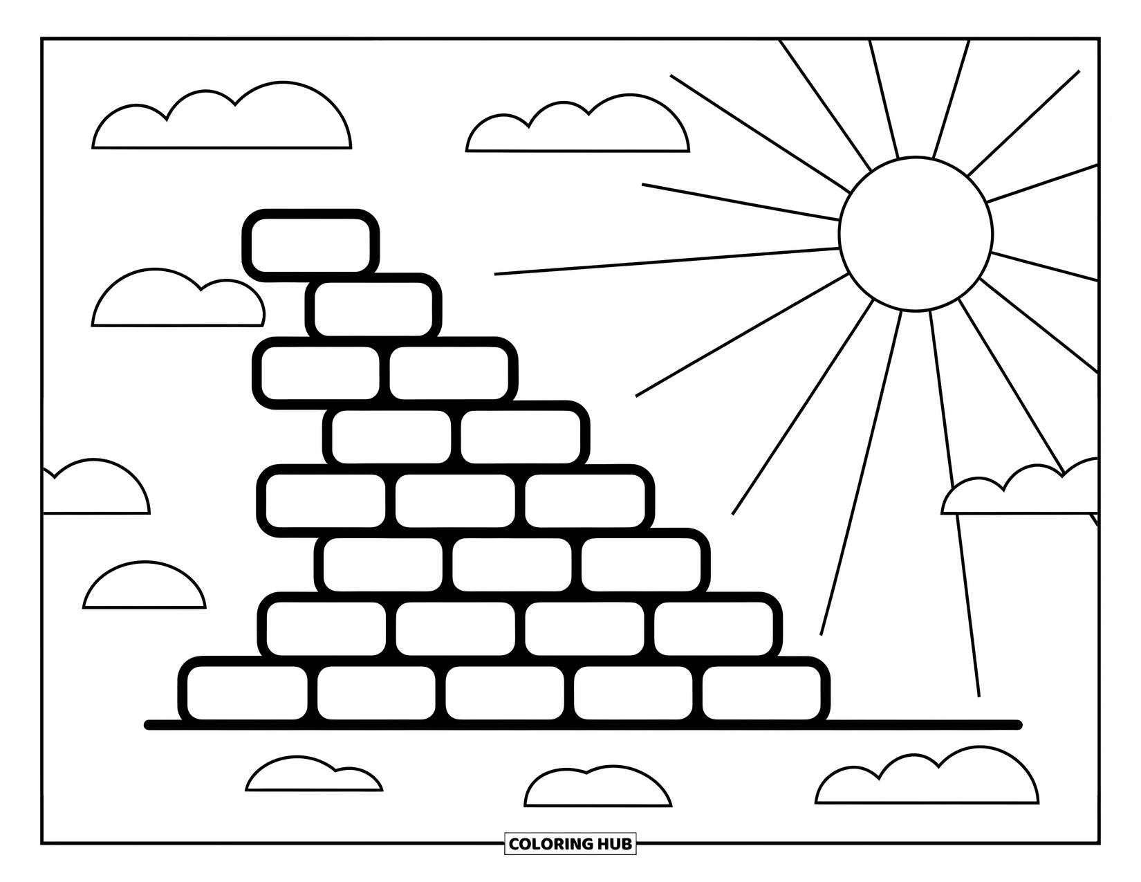 Construction Coloring Page for Kids: A half-built brick wall sits under soft clouds and a shining sun