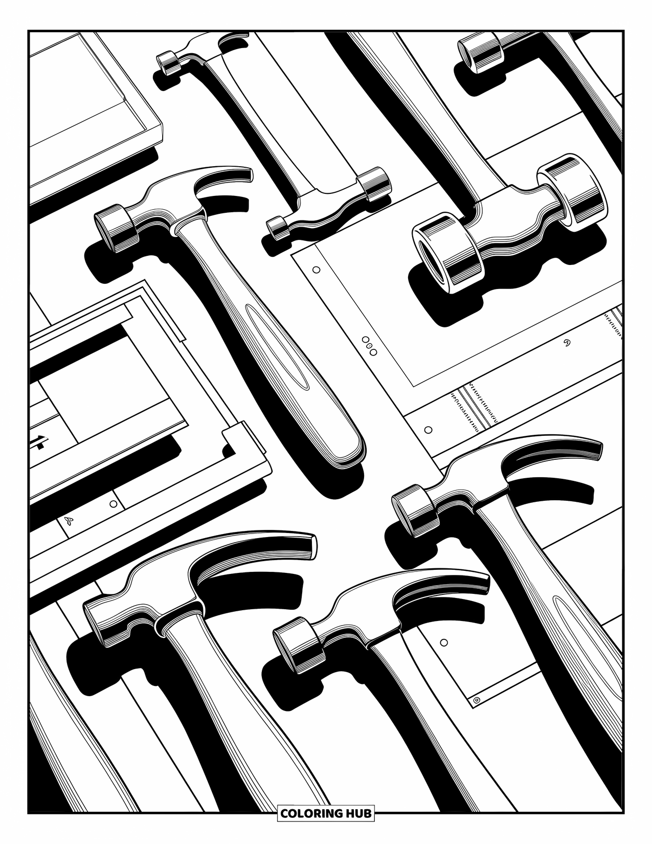 Construction Coloring Page for Kids: A hammer, ruler, and pencil sit arranged on a blueprint plan