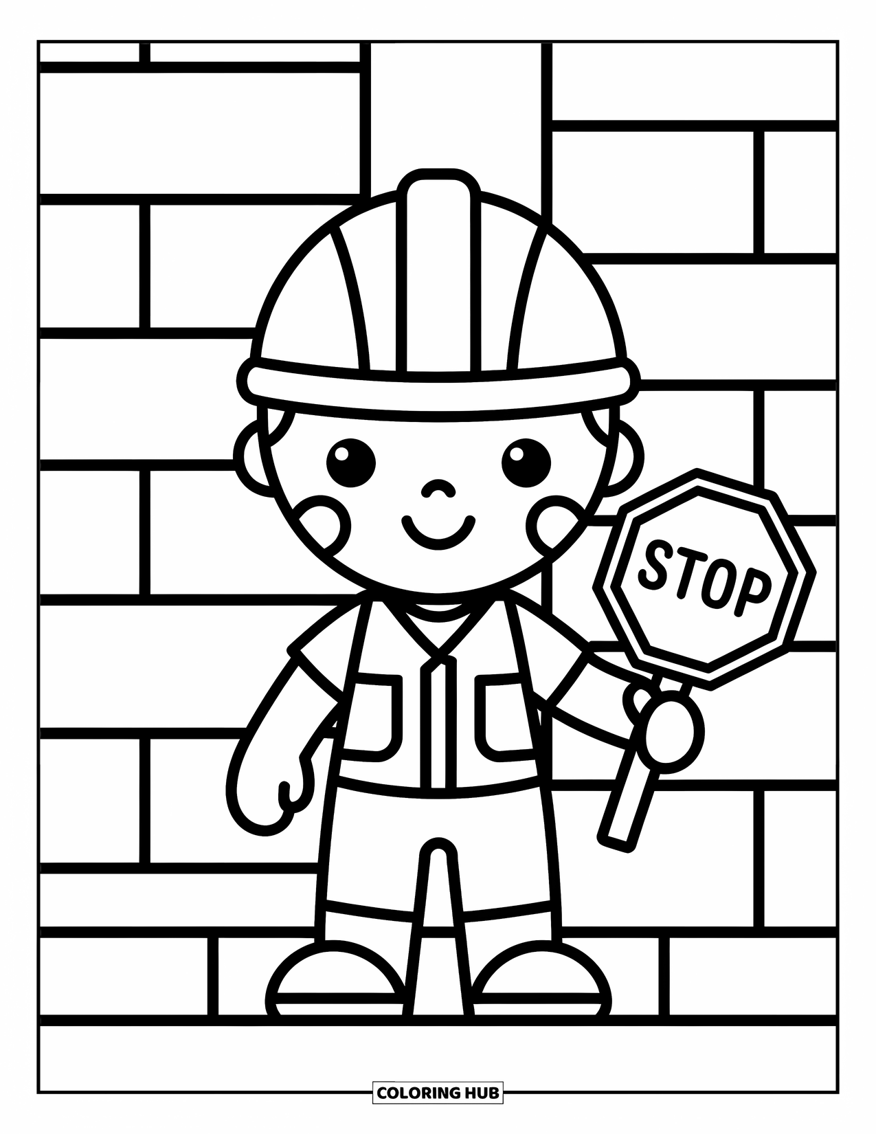Construction Coloring Page for Kids: A happy worker holds a stop sign with building shapes in the background