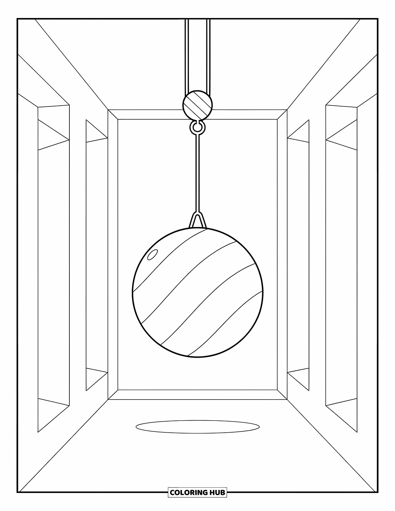 Construction Coloring Page for Kids: A large crane swings a wrecking ball with simple, bold shapes