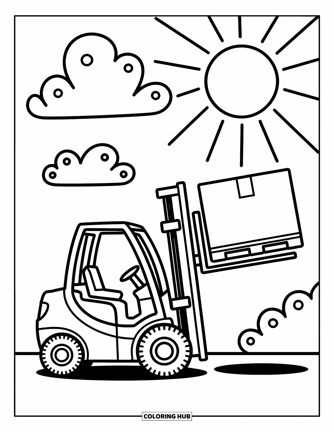 Construction Coloring Page for Kids: A little forklift raises a box with a cheerful sun and clouds nearby