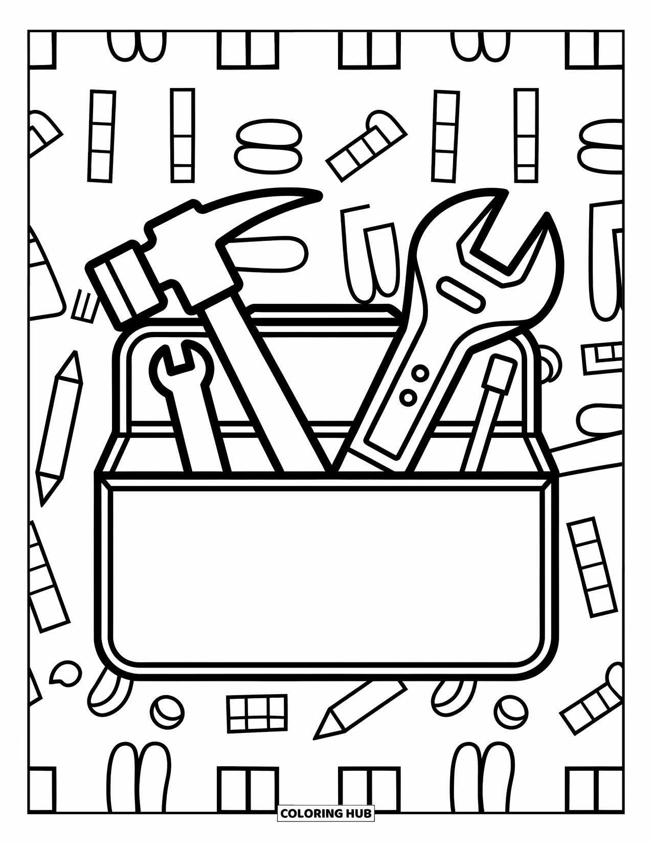 Construction Coloring Page for Kids: A playful toolbox with tools sits among simple patterns
