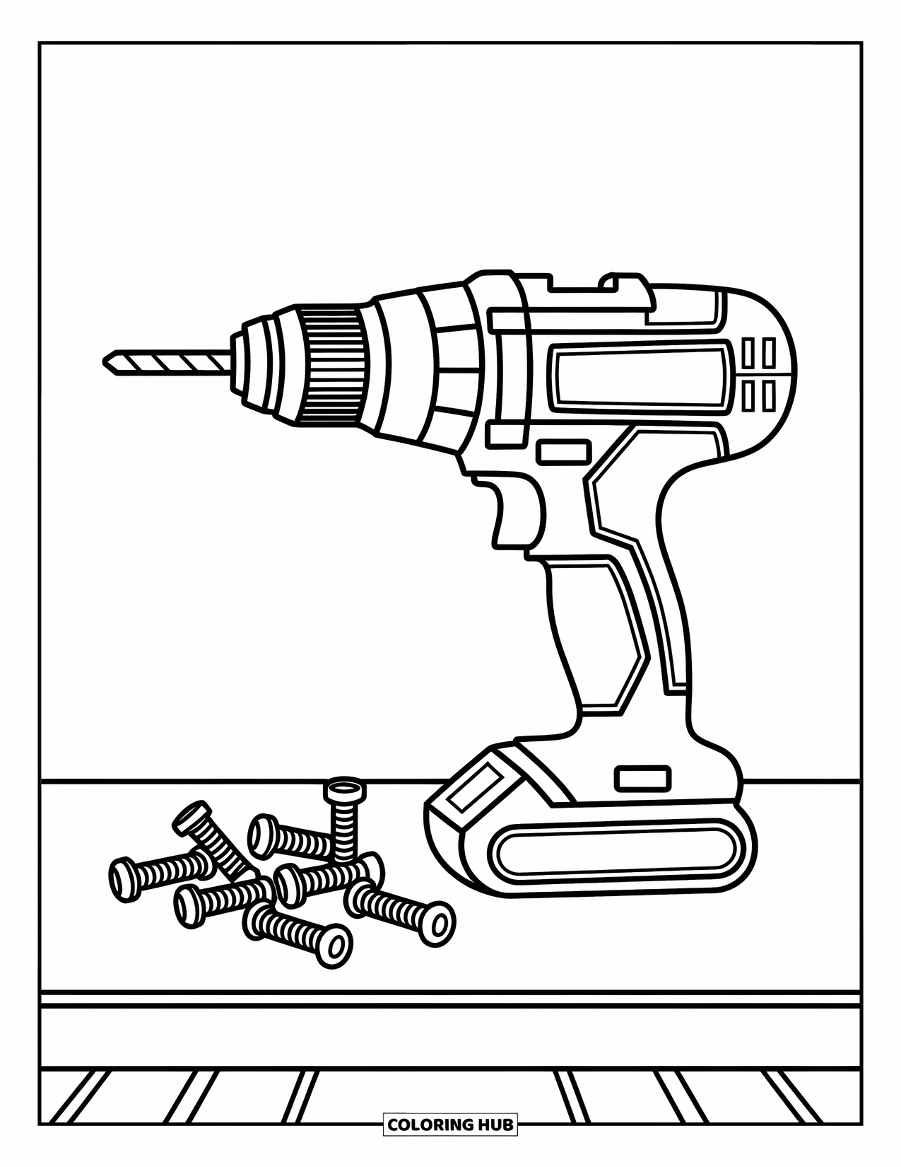 Construction Coloring Page for Kids: A power drill sits boldly on a table with screws scattered around it