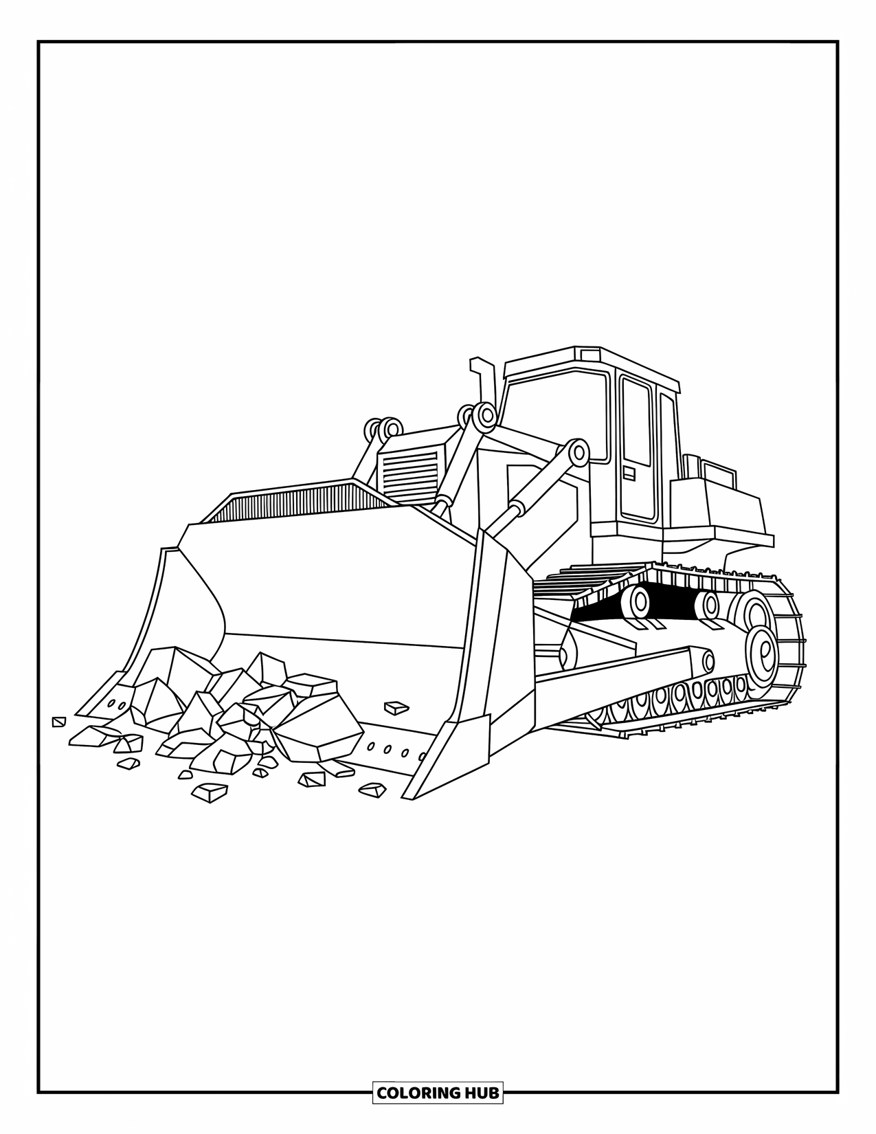 Construction Coloring Page for Kids: A powerful bulldozer pushes debris across the ground with smooth action